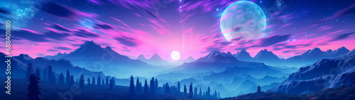 Sci fi landscape 1980s 90s synthwave vaporwave neon colors, pink and blue, moon and mountains, ultrawide panorama banner background