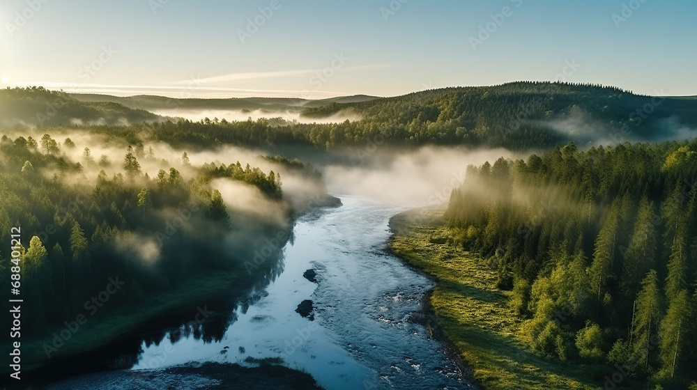 Aerial drone view of Beautiful spring morning over the forest and river.
