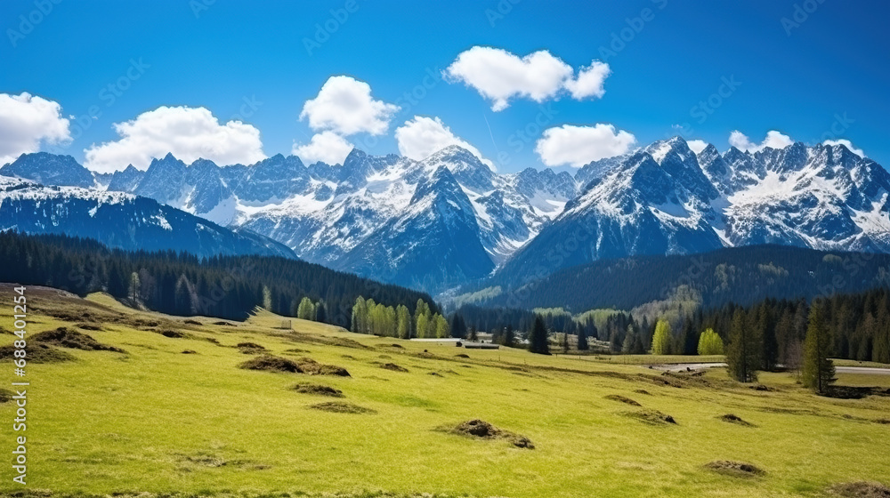 Beautiful spring landscape of Tatra mountains. Blue sky background.