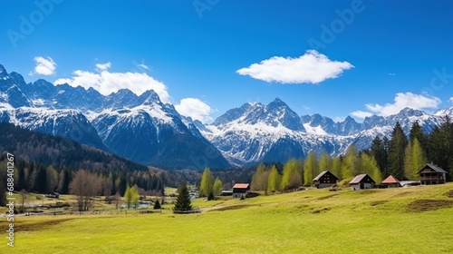 Beautiful spring landscape of Tatra mountains. Blue sky background.