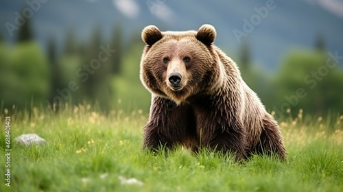Wild brown bear on the grass field.