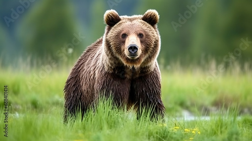 Wild brown bear on the grass field.