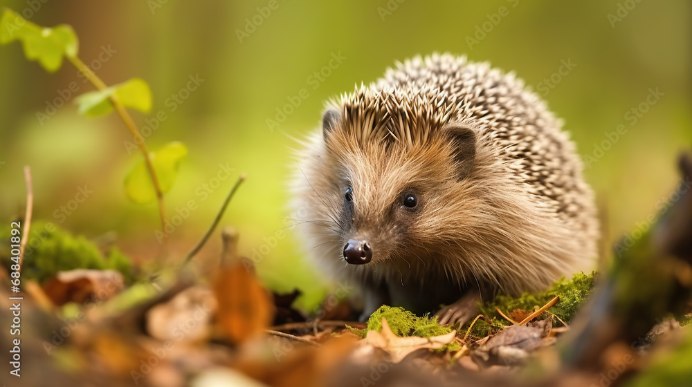 Close-up of Young hedgehog in natural habitat. Close-up of Young hedgehog in natural habitat.