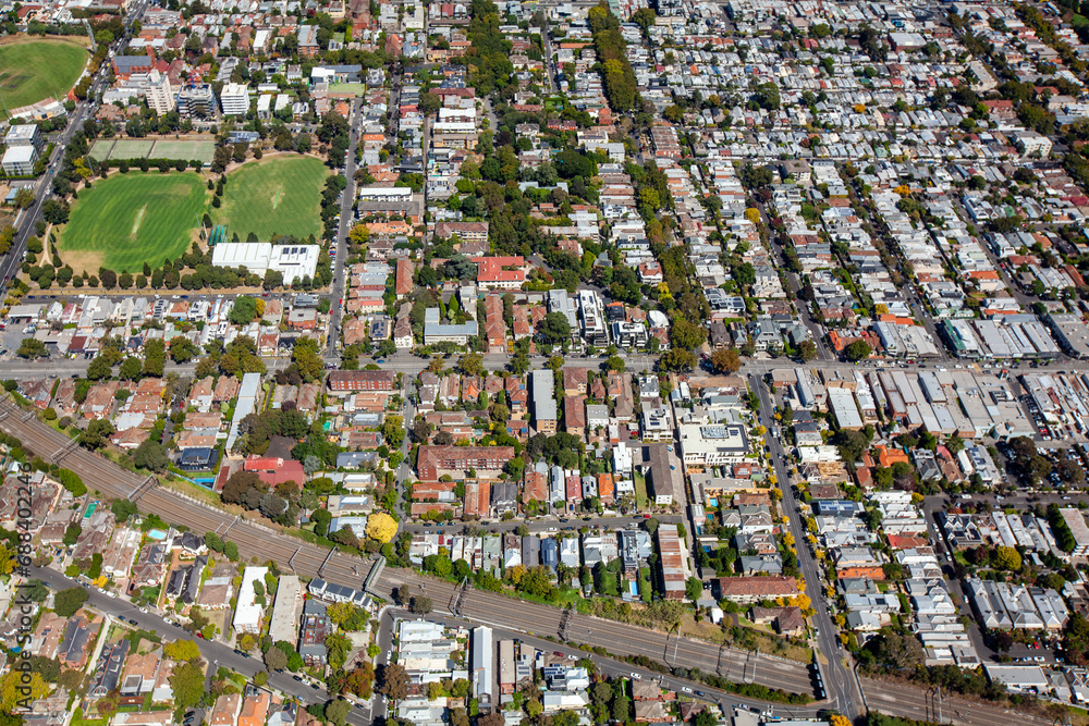 Fototapeta premium Aerial view of Prahran streets and urban suburb in Melbourne