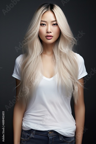 Asian woman wearing a white full screen T-shirt