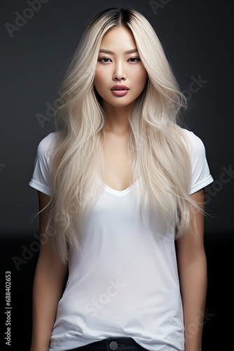 Asian woman wearing a white full screen T-shirt