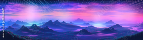 Neon computer graphics landscape with mountains, purple and blue, synthwave cyberpunk, ultrawide panorama banner background photo