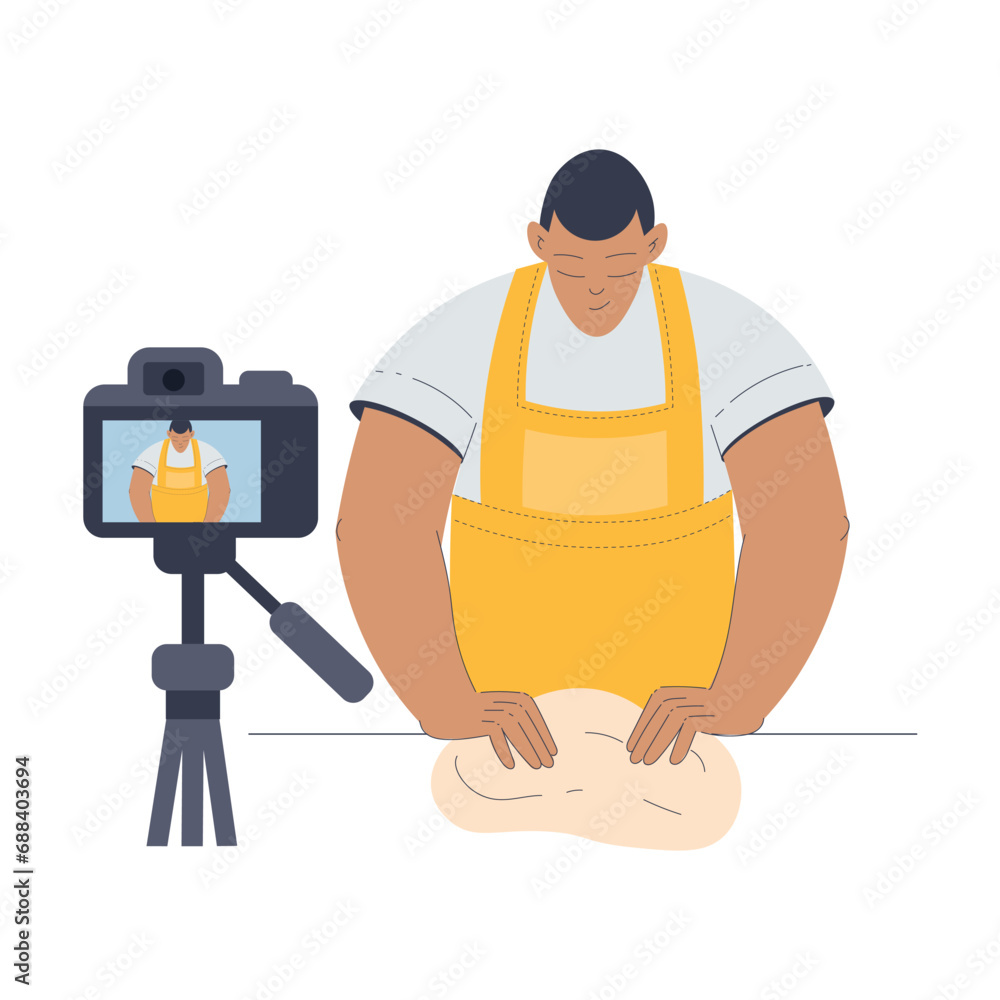 Bakery with Man Baker Character Recording Video Lesson with Camera Vector Illustration