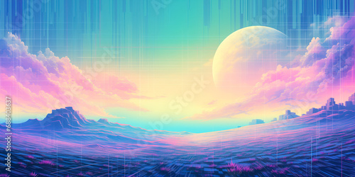Digital cyberpunk sci fi landscape with grid lines, pastel neon colors, wide banner background