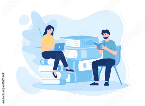 people read and search for knowledge in books and on the internet concept flat illustration