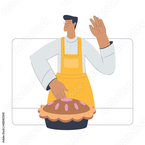Bakery with Man Baker Character in Uniform with Fresh Baked Pie Vector Illustration