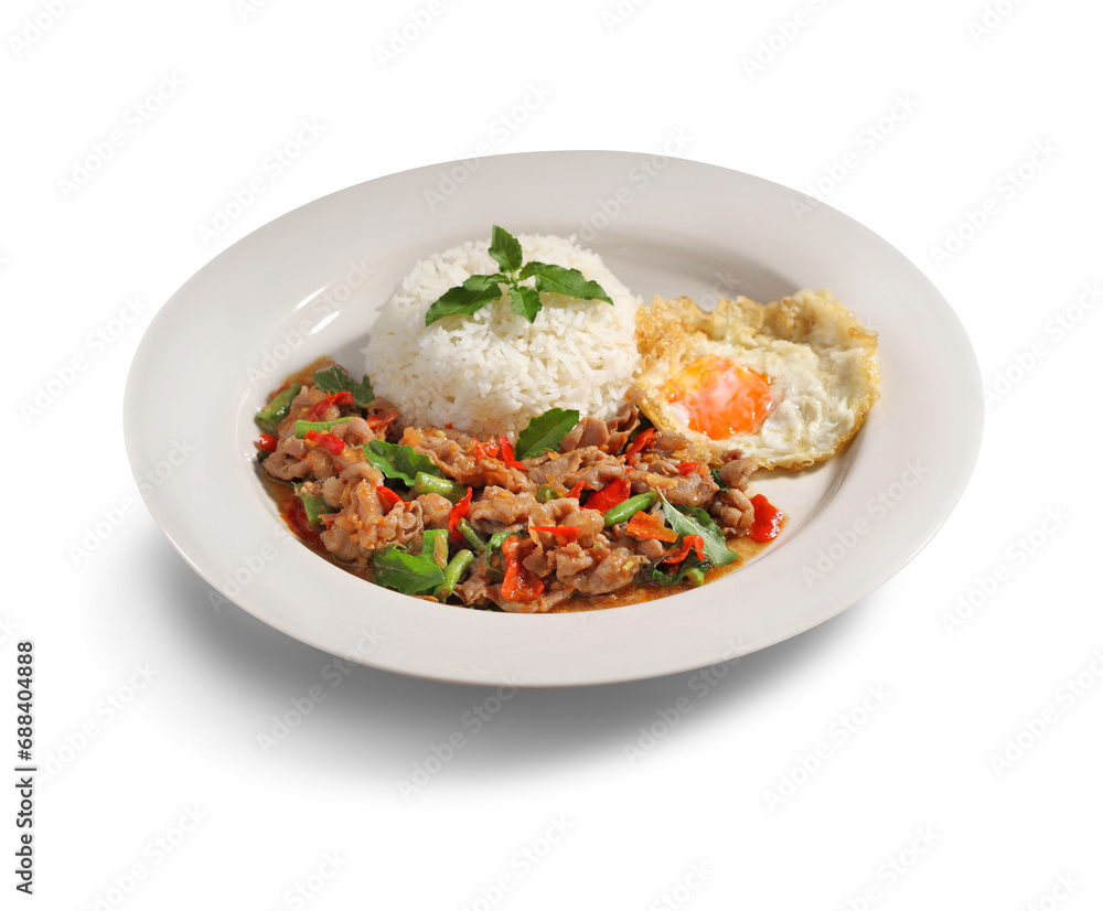 Stir fried basil and meat on rice with fried egg in white dish on white background Stir fried basil and meat on rice with fried egg in white dish on white background