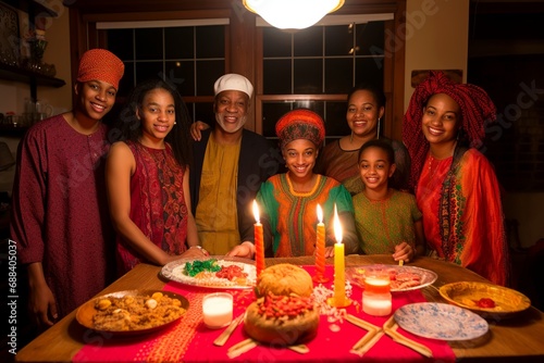 African American family celebrating Kwanzaa, multigenerational family with children, black mid adult parents and kids with colorful traditional clothing, candles and food on the table photo
