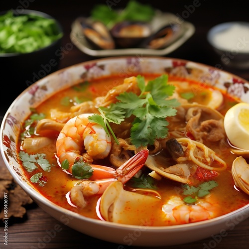 Spicy Thai Prawn Coconut Milk soup in bowl on table