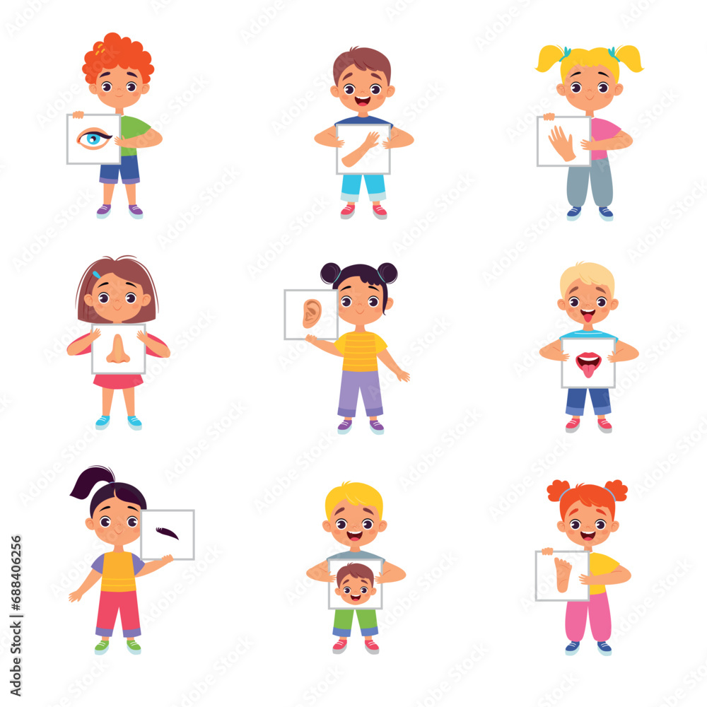 Little Kids Holding Cards with Body Parts Vector Illustration Set Little Kids Holding Cards with Body Parts Vector Illustration Set