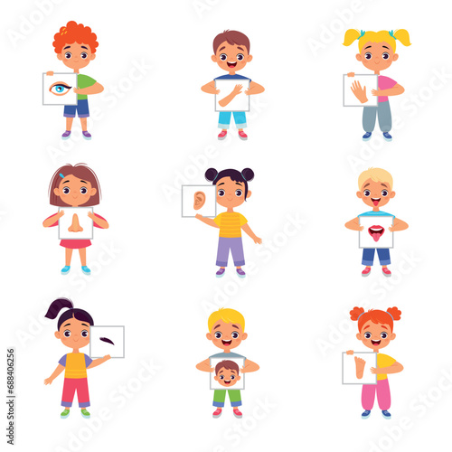 Little Kids Holding Cards with Body Parts Vector Illustration Set