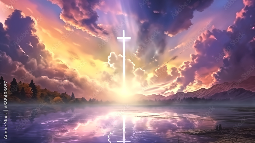 luminescent cross of jesus christ in the sky amoung the clouds luminescent cross of jesus christ in the sky amoung the clouds