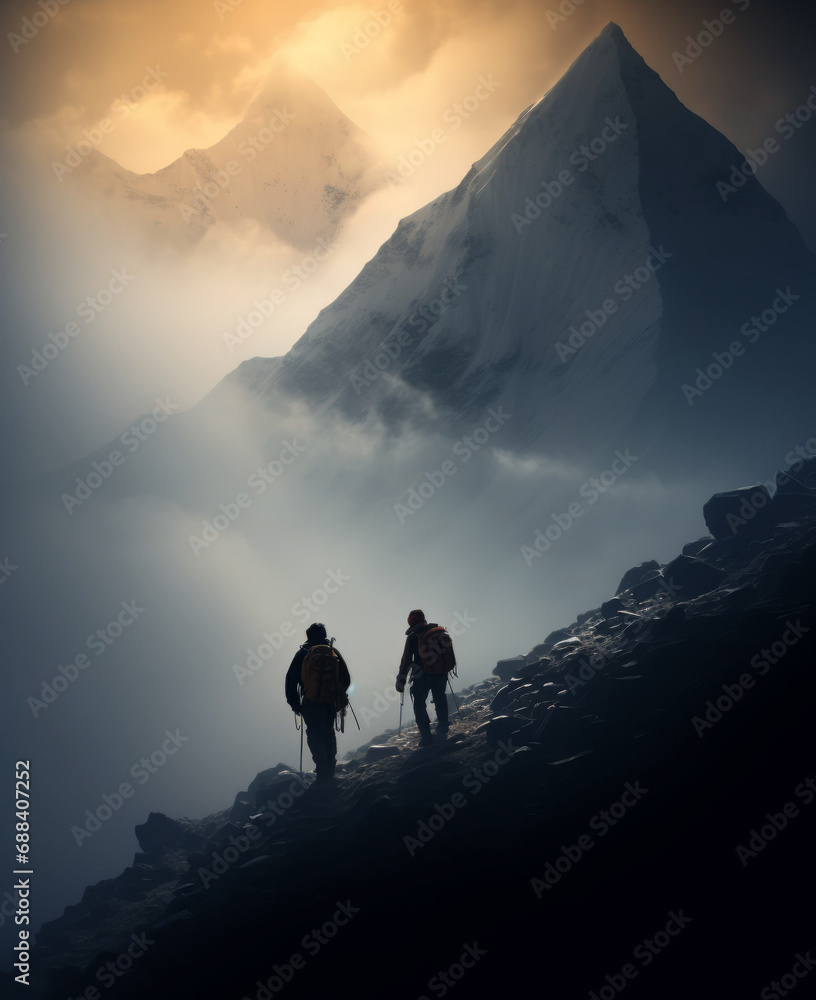 Photorealistic AI artwork of silhouettes of people hiking on the top of the mountain at sunrise or sunset, above the clouds. Generative ai.