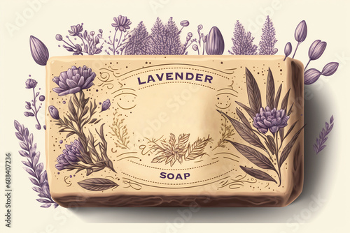 Hand made natural soap bar package label or sticker template.   sketch soap and lavender illustration. Bath and spa badge or banner layout and design elements