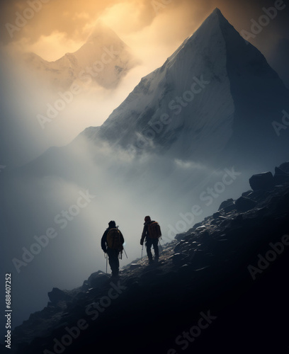 Photorealistic AI artwork of silhouettes of people hiking on the top of the mountain at sunrise or sunset, above the clouds. Generative ai.