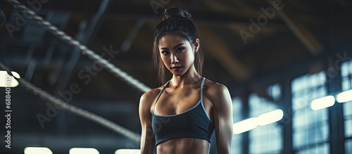 Asian woman working out with battle ropes in a fitness gym, aiming for weight loss, slimness, and overall health, while also focusing on strength and cardiovascular fitness. photo