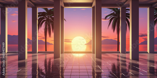 Liminal space with columns and palm trees, retro 1990s computer 3d graphics render, wide banner background