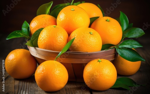 Bunch of fresh juicy orange inside a wooden basket