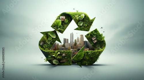 recycle symbol made of nature and grass with city photo