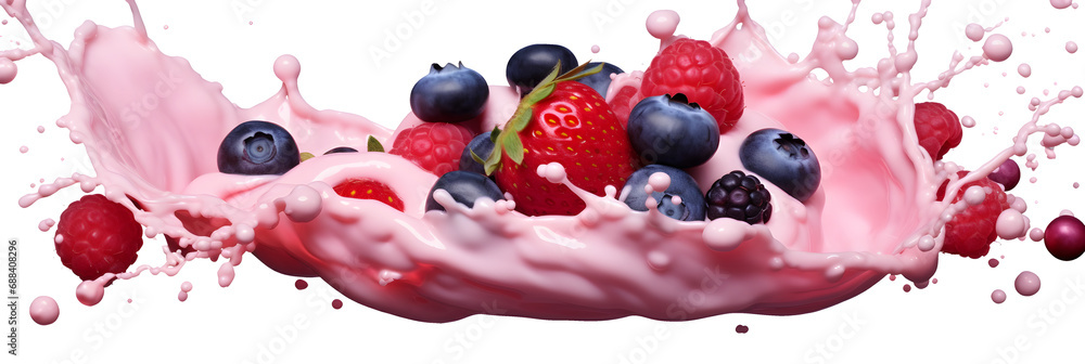 milkshake splash with berries isolated on transparent background - design element PNG cutout - obrazy, fototapety, plakaty 
