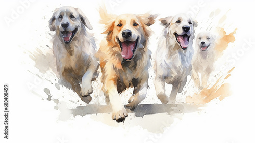 a group of cheerful dogs running on a white watercolor background. © kichigin19