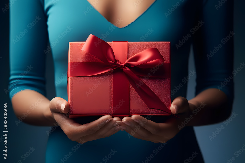 Stylish simple and beautiful gift in a red box with a red silk ribbon in the hands of a girl in a blue dress. Stylish simple and beautiful gift in a red box with a red silk ribbon in the hands of a girl in a blue dress.
