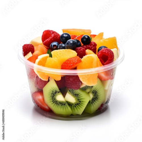 Fruit salad in plastic container isolated on white background. Healthy food. AI Generative