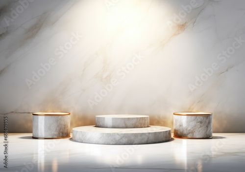 abstract modern minimal background with cobblestones on the wet floor. Trendy showcase with golden round frame and empty platform for product displaying