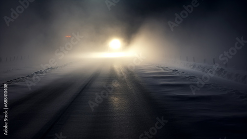 fog on a dangerous winter slippery road, a car with headlights in a risky climate cold and ice photo