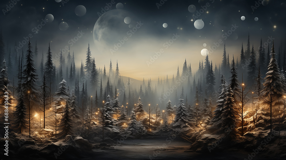 christmas background copy space, winter view trees decorated with glowing lights