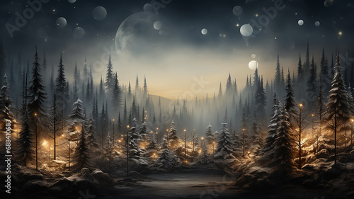 christmas background copy space, winter view trees decorated with glowing lights