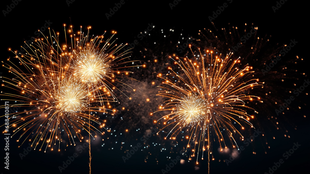 Obraz premium Golden fireworks isolated layer on black background, night festive view abstract