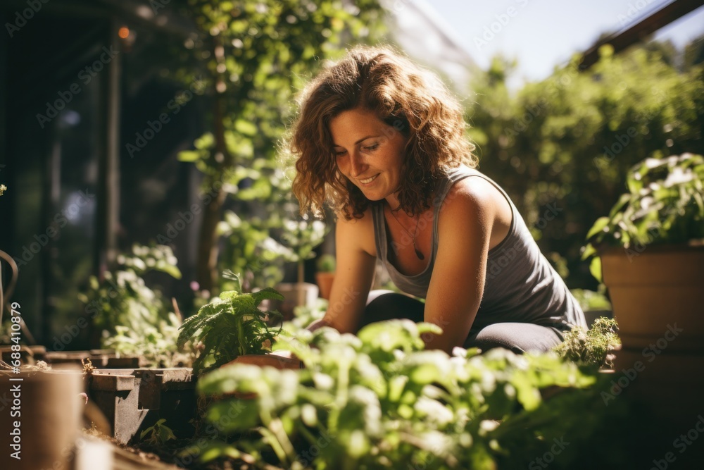 Smiling Woman Engaged in Urban Gardening on Sunny Day
Smiling Woman Engaged in Urban Gardening on Sunny Day