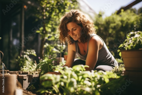 Smiling Woman Engaged in Urban Gardening on Sunny Day 