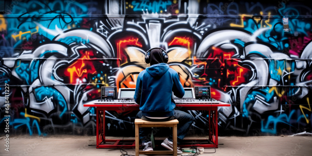 Urban DJ Creating Music in Front of Vibrant Graffiti Wall