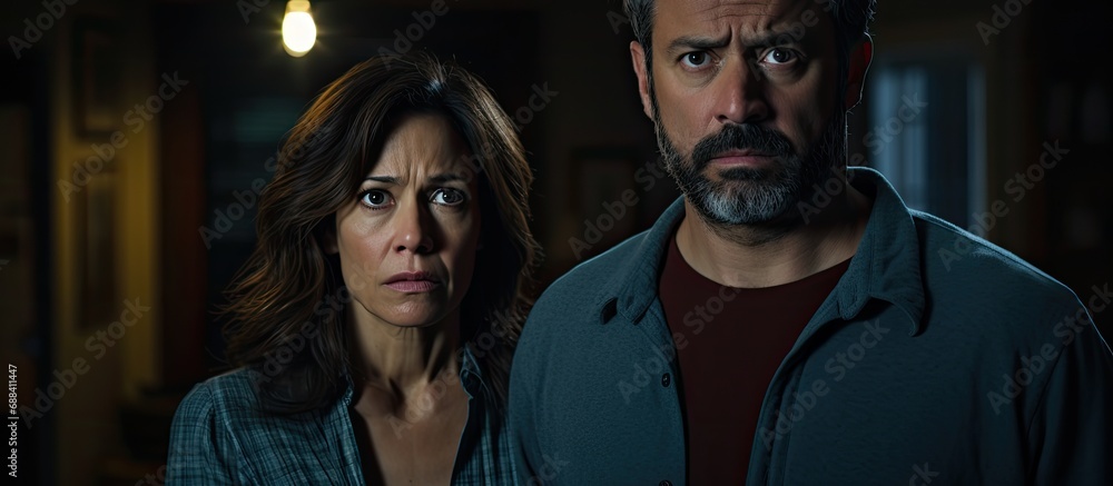Anxious middle-aged Hispanic couple using touchpad at night, frowning and upset. Anxious middle-aged Hispanic couple using touchpad at night, frowning and upset.