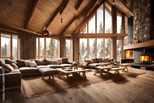 cozy warm home interior of a chic country chalet with a huge panoramic window overlooking the winter forest. open plan, wood decoration,