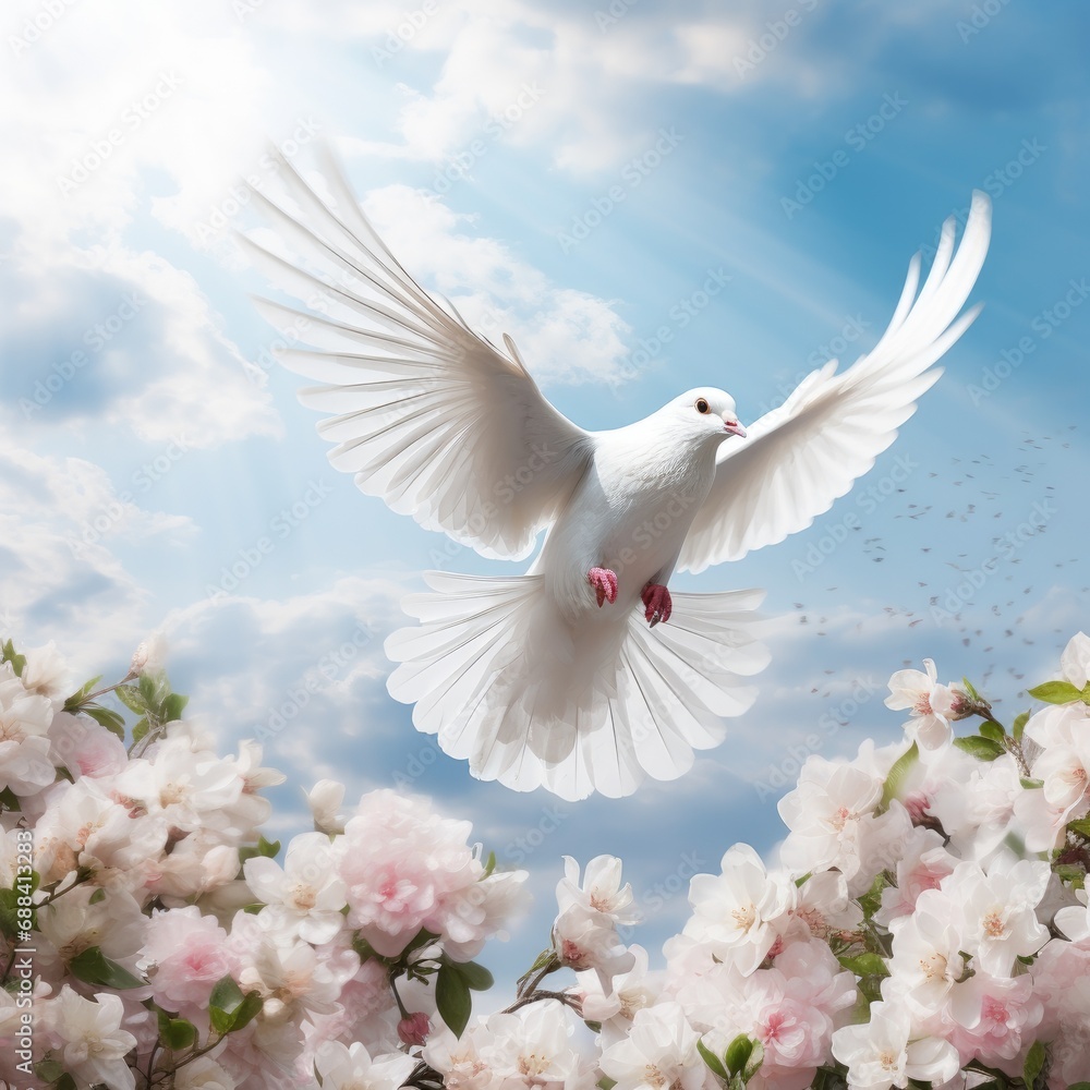 White dove in the sky with flowers White dove in the sky with flowers