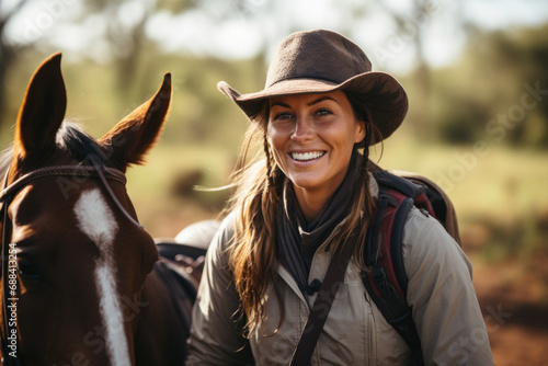 Smiling Woman in Cowboy Hat with Horse in Sunlit Pasture 