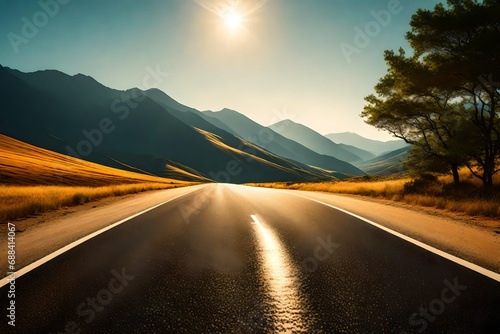Empty long mountain road to the horizon on a sunny summer day at bright sunset 