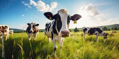 Cows on a green field at a sunny day photo