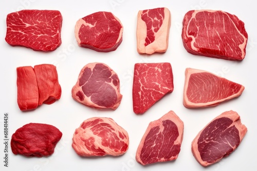 Set of different raw steaks, top view, isolated on white
