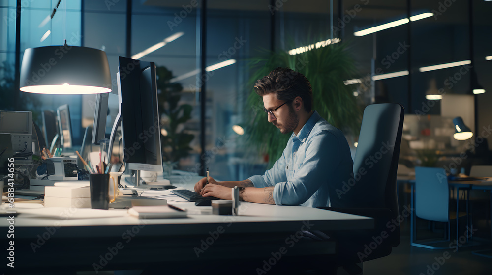 Male programmer working in front of computer on desk in office room. Male programmer works until late at night with only light from his computer.