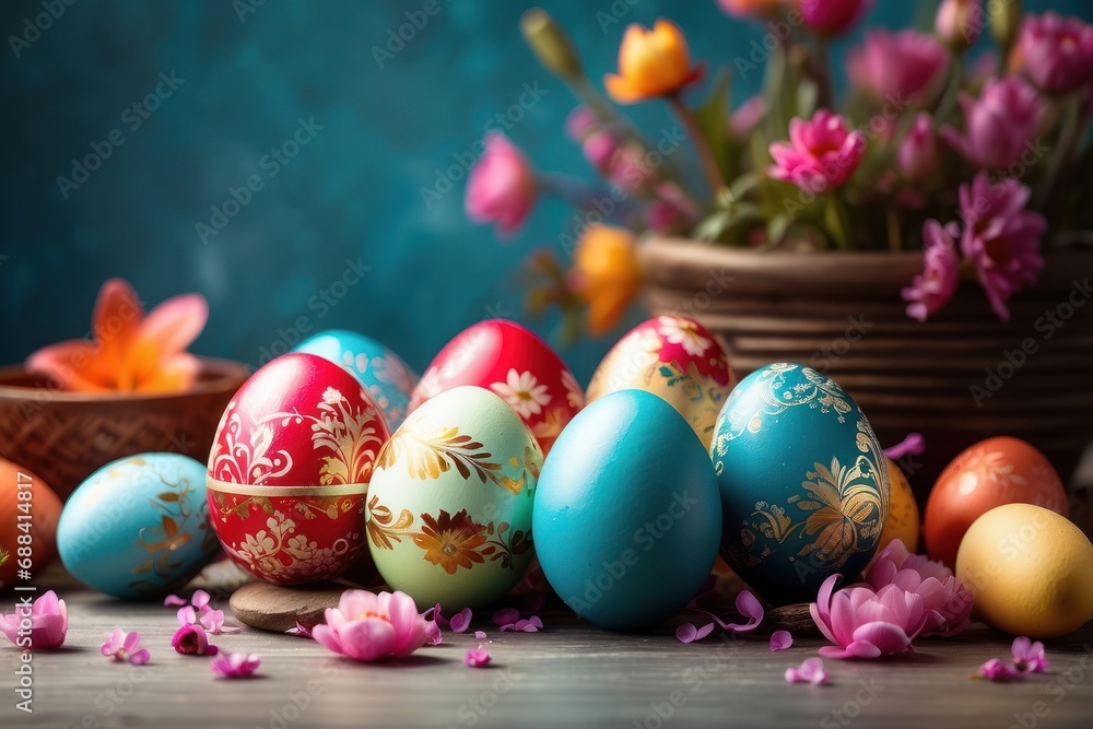Fototapeta premium Colorful Easter eggs on a wooden table against a light blue themed backdrop.