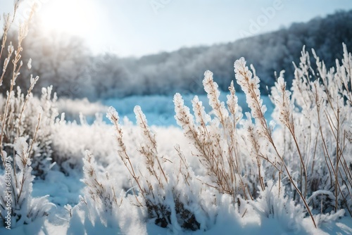 Winter atmospheric landscape with frost-covered dry plants during snowfall.